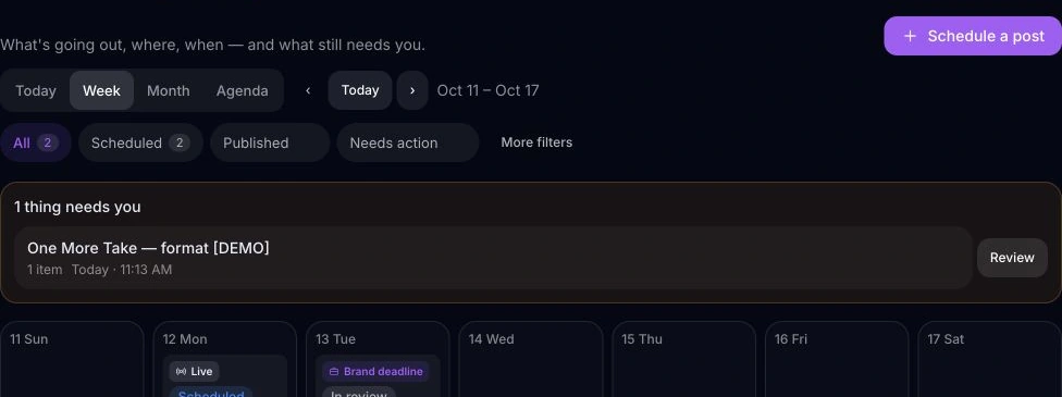 Actual showcase planning and review. No account connected; approval, disclosure and brand approval blockers remain. No publication.